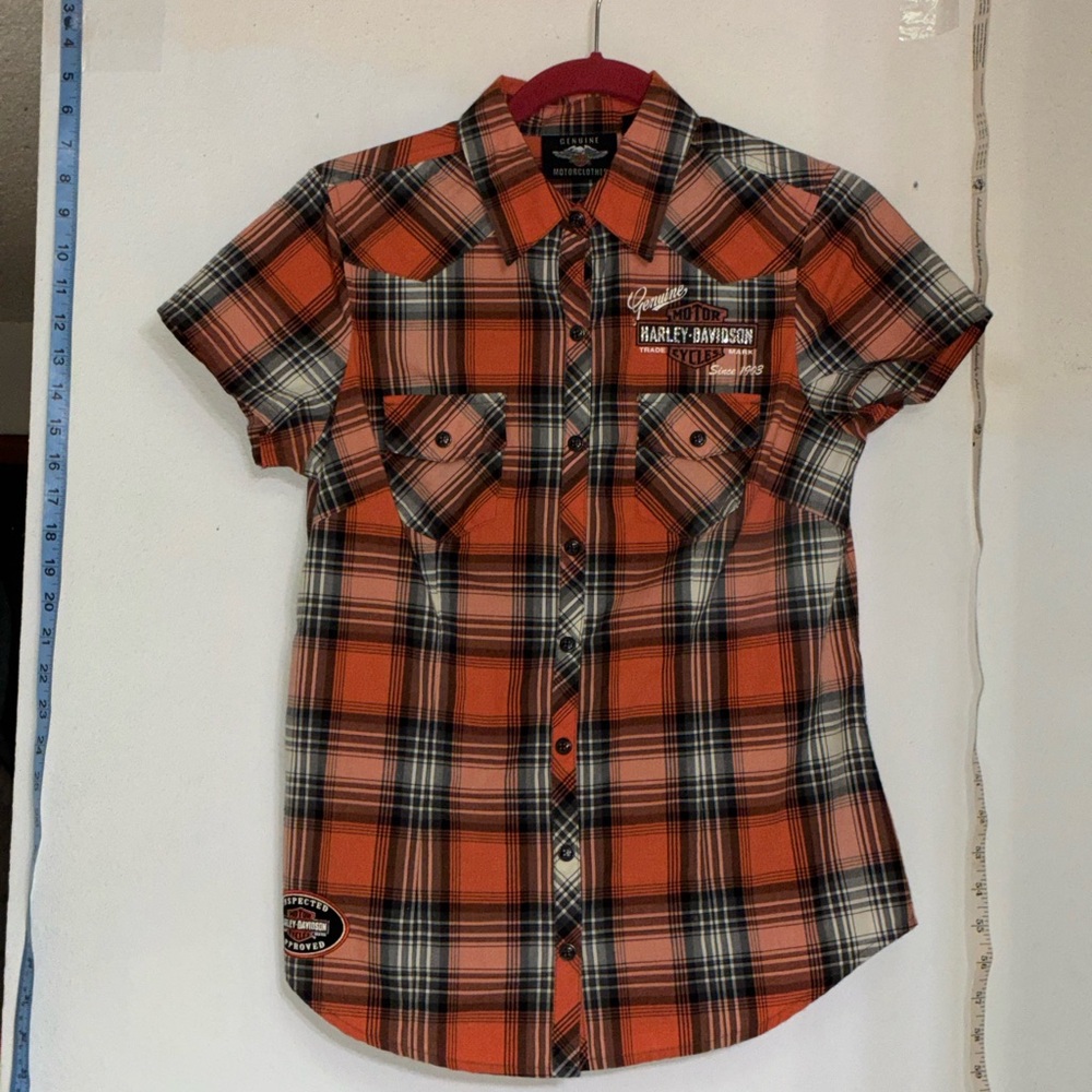 Harley-Davidson Men's Orange and Black Plaid Shirt